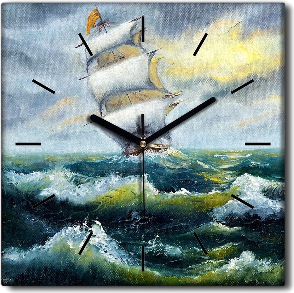 Coloray Uhr auf Leinwand 30x30 cm Wand Uhr Dekoration Wohnzimmer Segeltuch schwarze Hände -Wellen Meeresschiff Ozean