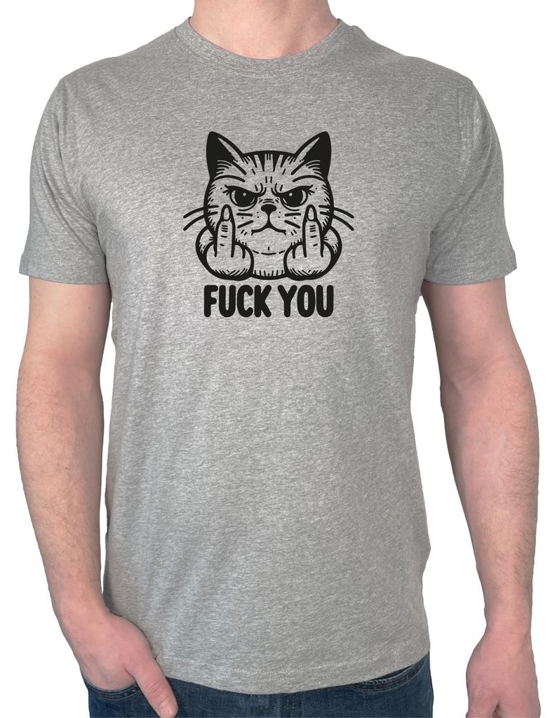 Huuraa Herren T-Shirt F*ck you grimmige Katze L Sport Grey Bio Baumwolle Fairtrade Herrenshirt Geschenkidee