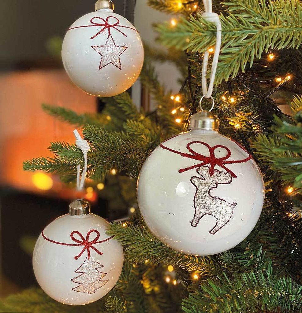 Christbaumkugeln Weiß Tanne Rentier Stern 3 Stück Weihnachtskugeln Echt Glas