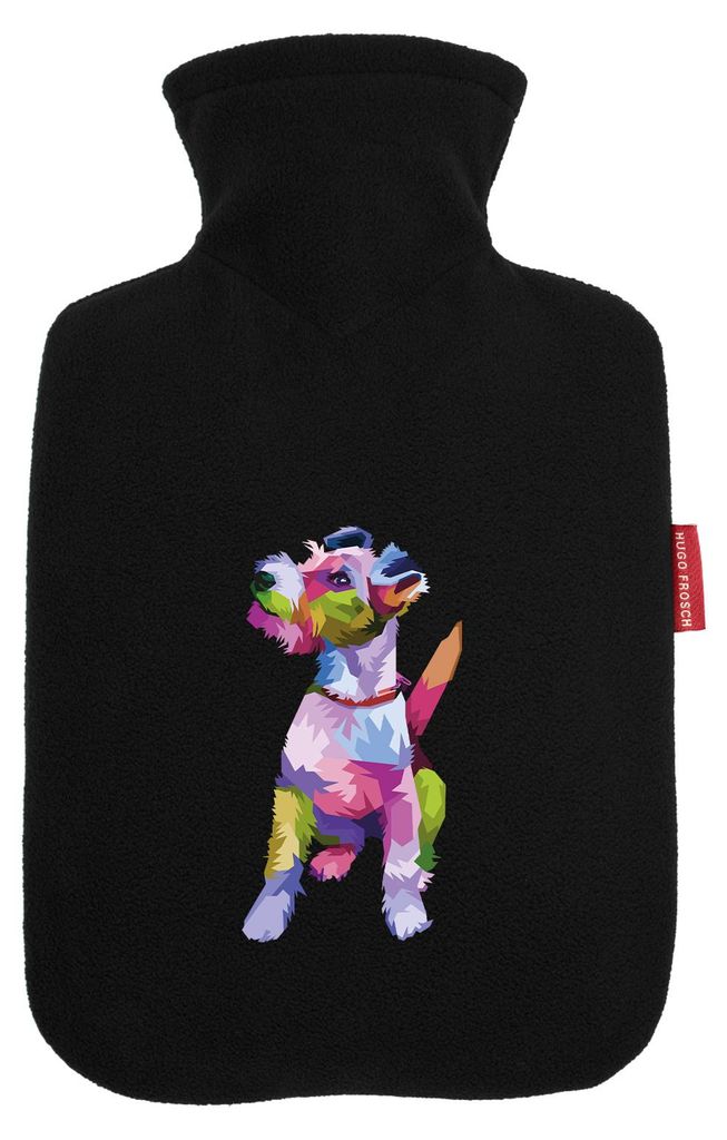 Huuraa Wärmflasche Fox Terrier Colorful 1,8 Liter Black Classic Veloursbezug Bettflasche Geschenkidee
