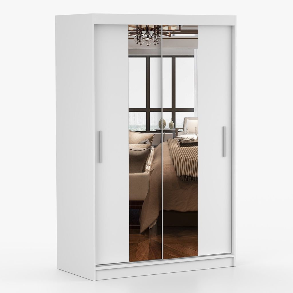 Schwebetürenschrank Kleiderschrank  Schrank 120cm Weiß/Weiß Produktbild 2
