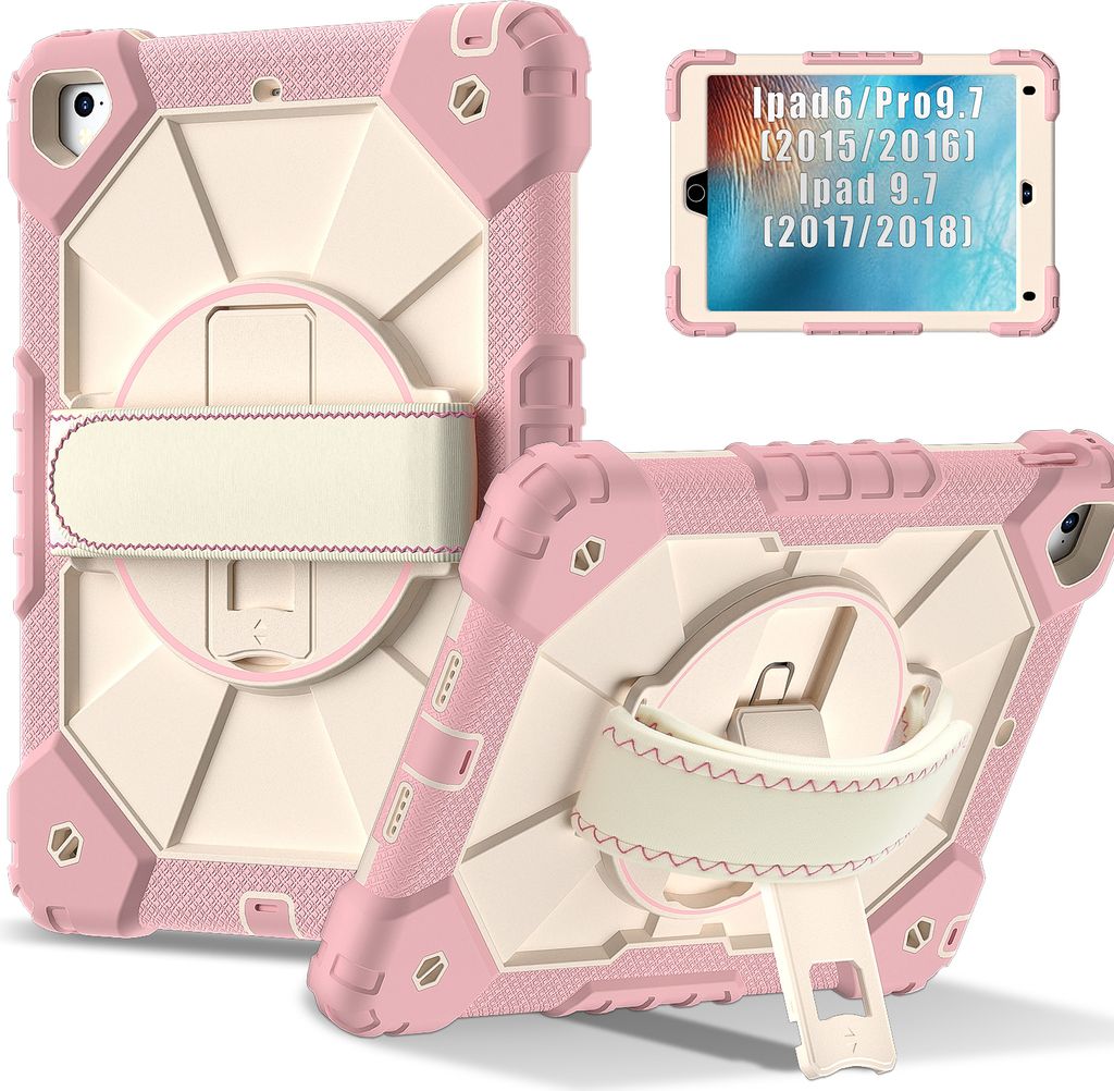 Hülle für iPad 9,7 6th/5th Gen 2018/2017 Tablette Schutzhülle Stoßfeste mit 360 Drehbarer Handschlaufe/Ständer Pink