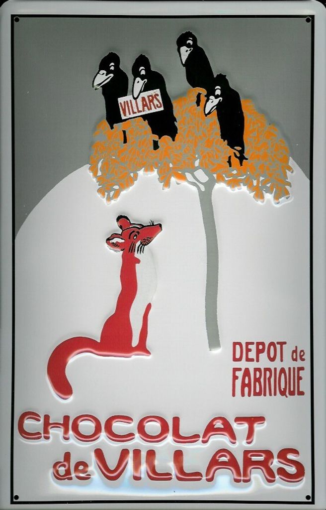 Blechschild Chocolat de Villars Fuchs Rabe Schokolade Schild Nostalgieschild