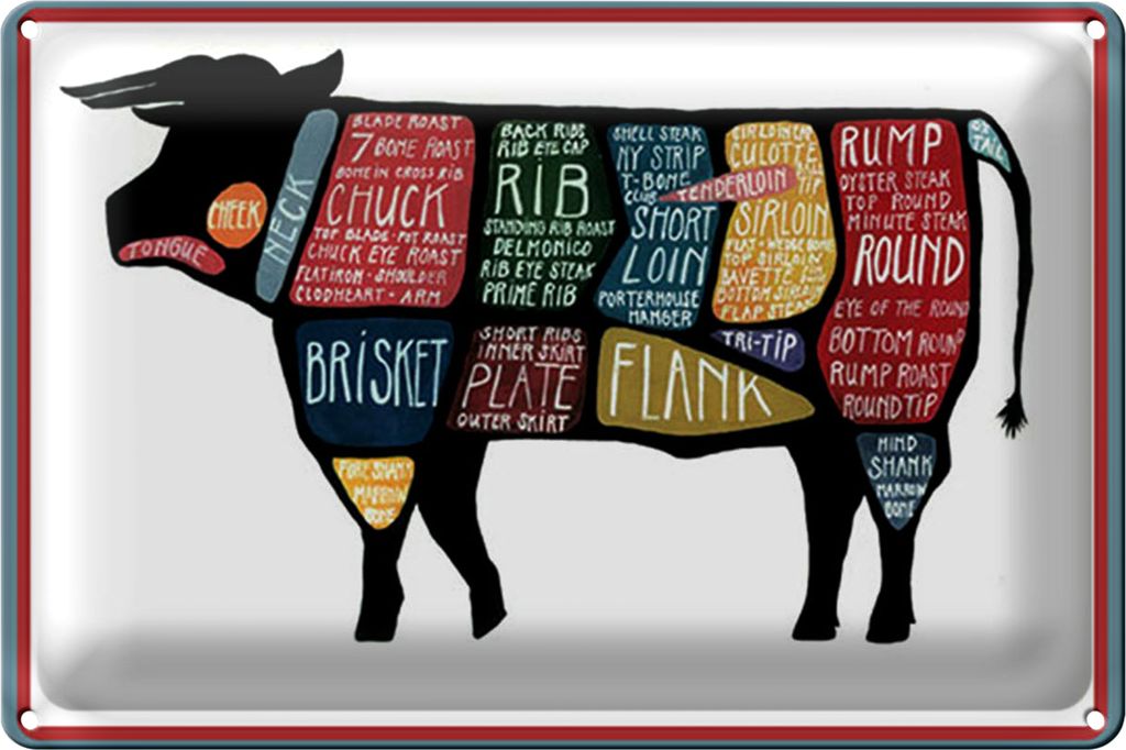 Blechschild Metzger 40x30cm Kuh Beef cuts Fleisch