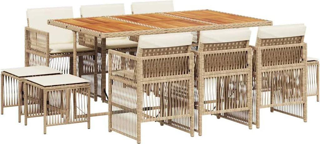 vidaXL 11-tlg. Garten-Essgruppe mit Kissen Beige Poly Rattan