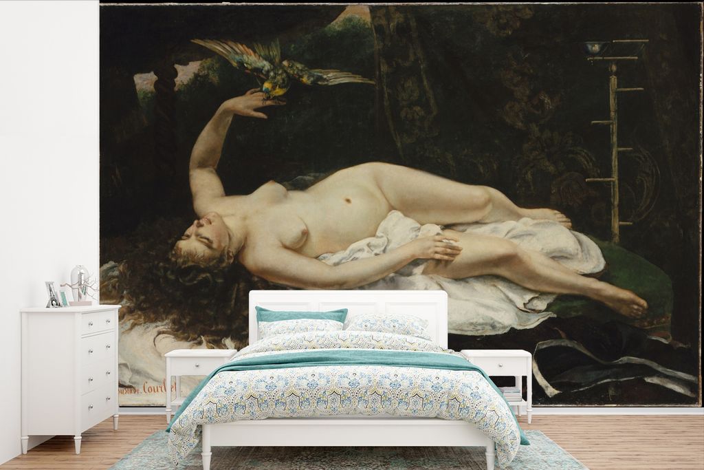 MuchoWow Fototapete für Wohnzimmer oder Schlafzimmer Wandtapete Vinyl Motivtapete Frau mit Papagei - Gemälde von Gustave Courbet - 390x260 cm -...