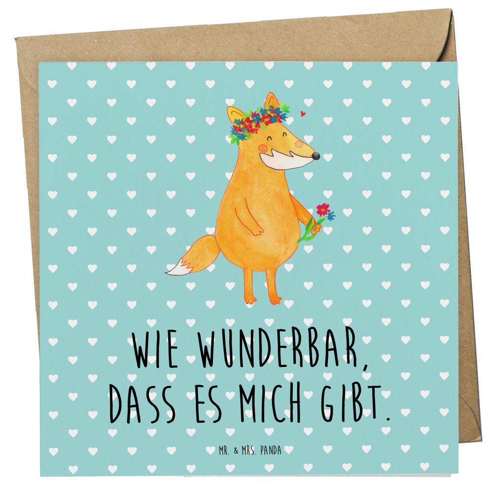 Mr. & Mrs. Panda Grußkarte Fuchs Blumen - Türkis Pastell - Geschenk, Blumenliebe, Ich, Liebe, Blume, anlasskarte, faltkarte, Klappkarte, Boho, Gl...