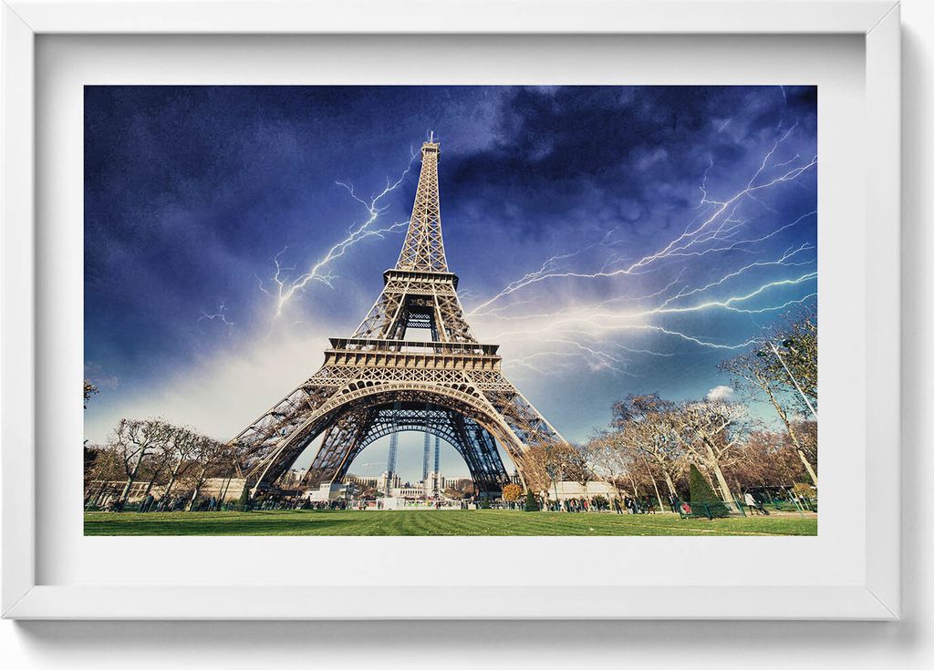 Eiffelturm, Blitze und Gewitter– Wandbild mit Rahmen – Gerahmtes Bild – Wanddekoration – 60x40 cm – Schwarz Rahmen
