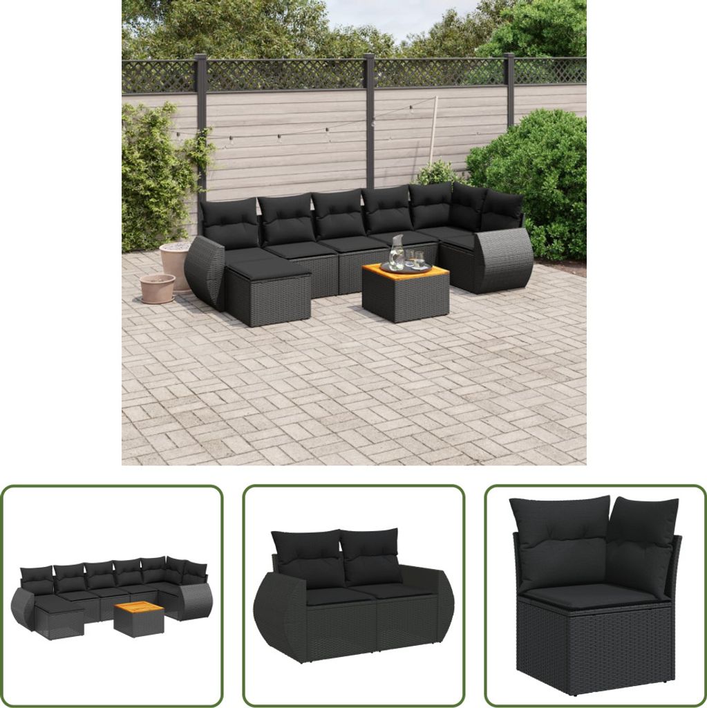 The Living Store 8-tlg. Garten-Sofagarnitur mit Kissen Schwarz Poly Rattan
