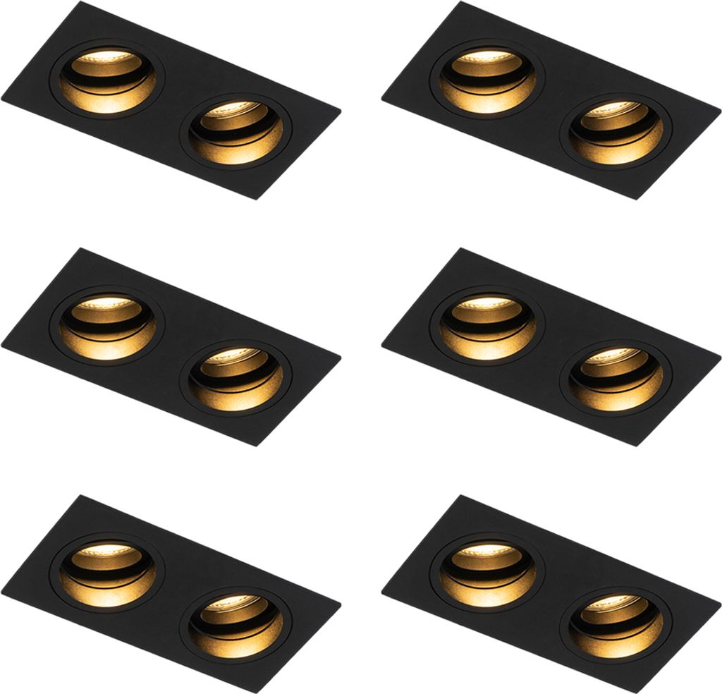 QAZQA - Set mit 6 quadratischen Einbaustrahlern schwarz verstellbar 2-flammig - Chuck I Wohnzimmer I Schlafzimmer - Aluminium - LED geeignet GU10