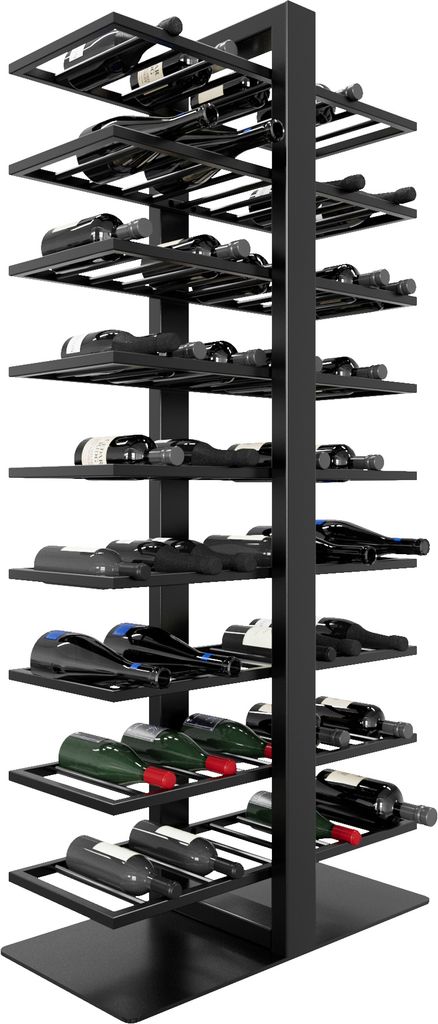 A black metal wine rack filled with wine bottles, shown against a white background.