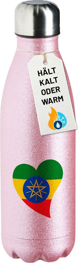 Huuraa Trinkflasche Äthiopien Flagge Herz 500ml Pink Edelstahl Wasserflasche Trinkflasche Geschenkidee