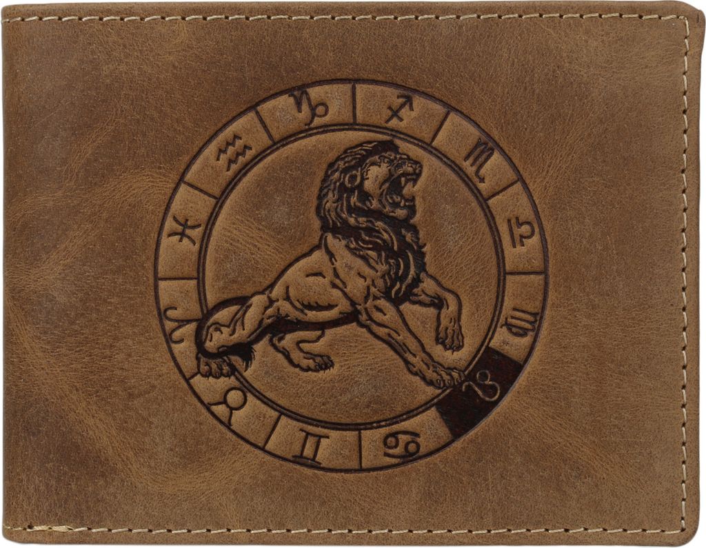 Greenburry Geldbörse Herren Leder braun antik Vintage mit Sternzeichen Motiv LÖWE Prägung Portemonnaie 12,5 x 9,5cm