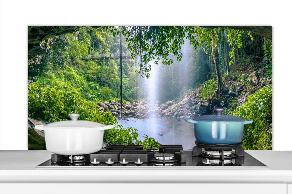 KitchenYeah Spritzschutz Küche - Küchenrückwand - Wandschutz für Herd und Spüle - Dschungel - Regenwald - Wasser - Wasserfall - Pflanzen 120...