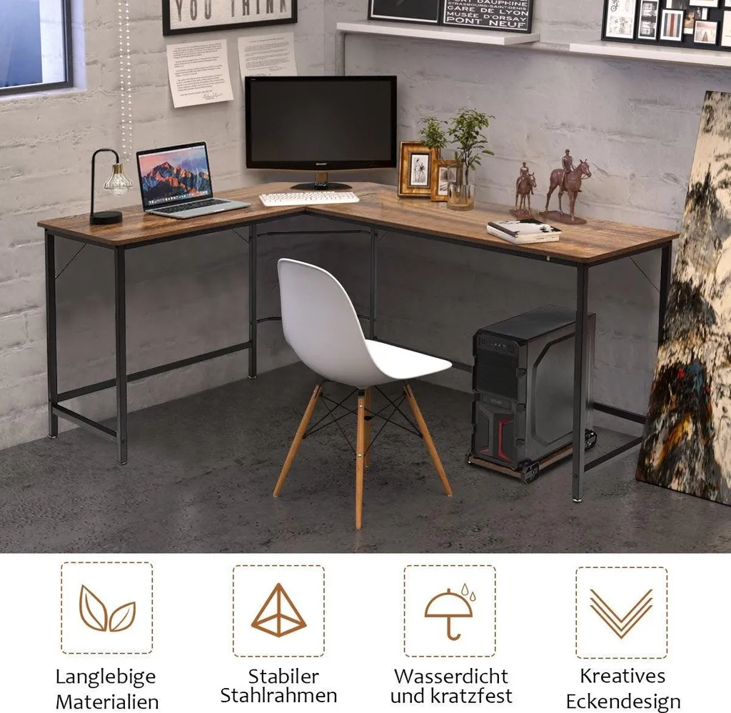 Bureau d'angle PC large surface de travail 168cm coloris noir bois - 2