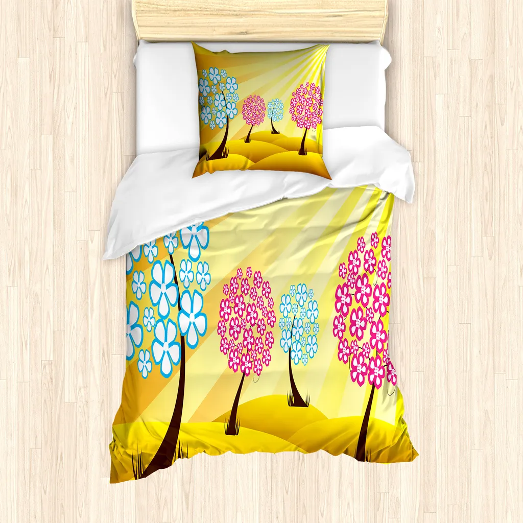 ABAKUHAUS Set copripiumino per letti singoli con motivi floreali, alberi in fiore, antiacaro, adatto a chi soffre di allergie, con federa, 135 cm x 200 cm - 80 x 80 cm, giallo pallido multicolore