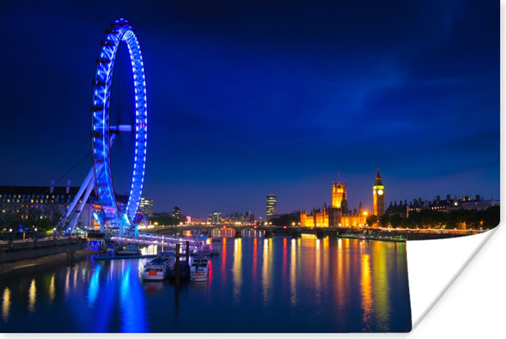 MuchoWow Poster Bild eines blauen London Eye bei Nacht 120x80 cm - Bilder