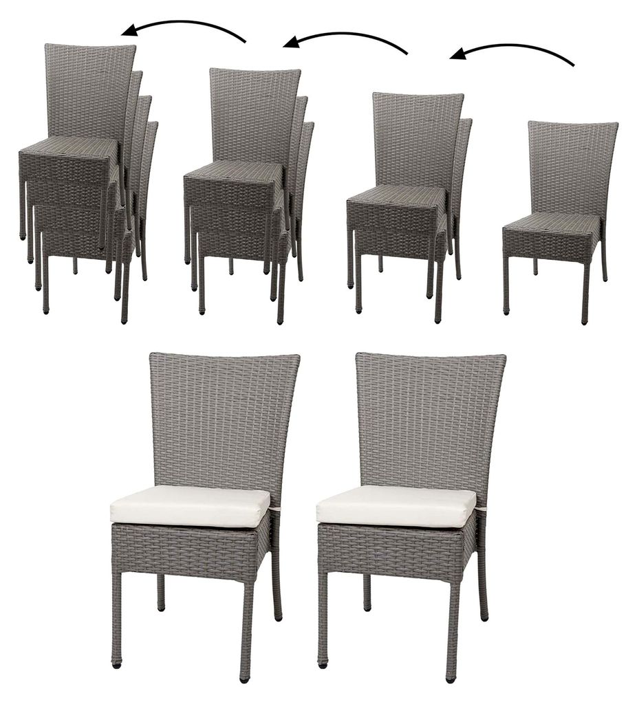 2er-Set Poly-Rattan Stuhl, Balkonstuhl Gartenstuhl, stapelbar - grau, Kissen creme