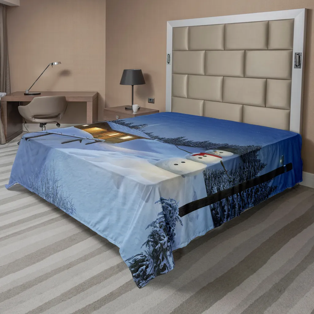 Drap de Lit de Noël Doux et Confortable Motif Hivernal Bleu et Blanc