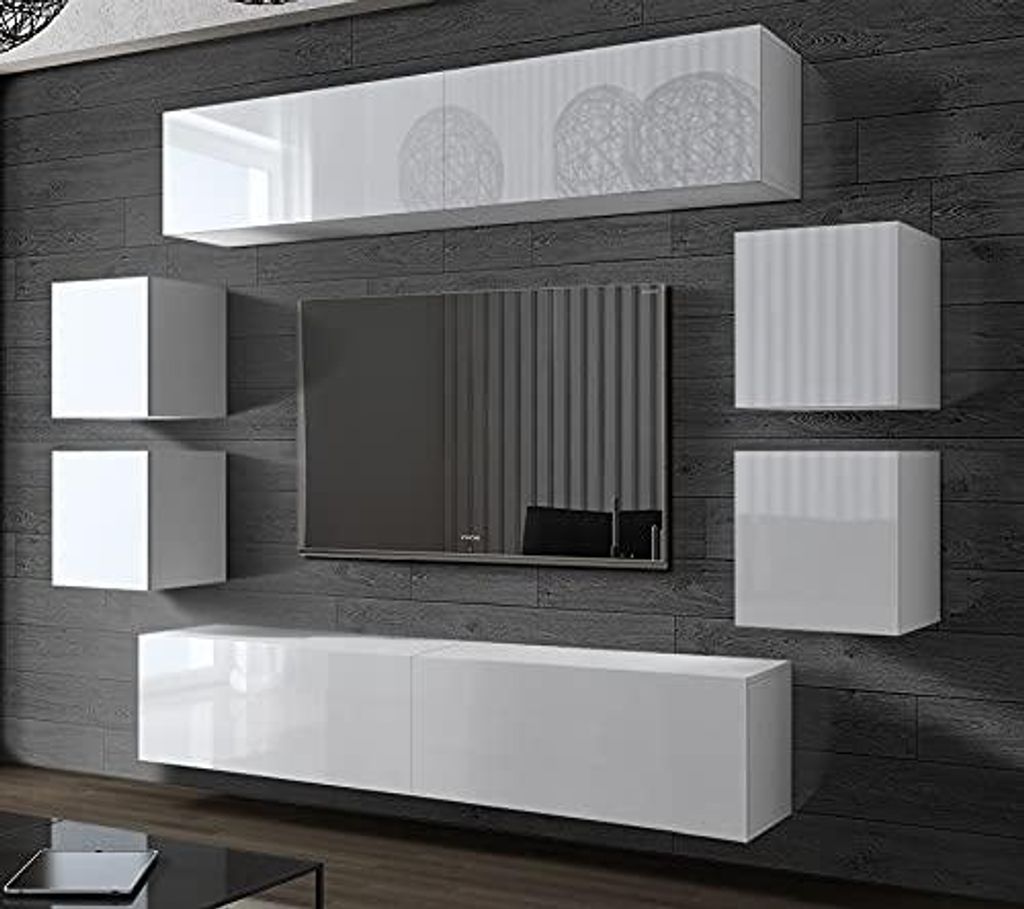 Furnitech Wohnwand Wohnzimmer - Wohnzimmer Möbel mit LED Weiß - Hängend Wohnwand Modern - Regale und TV Schrank (Future C42/HG/W/2 1B)