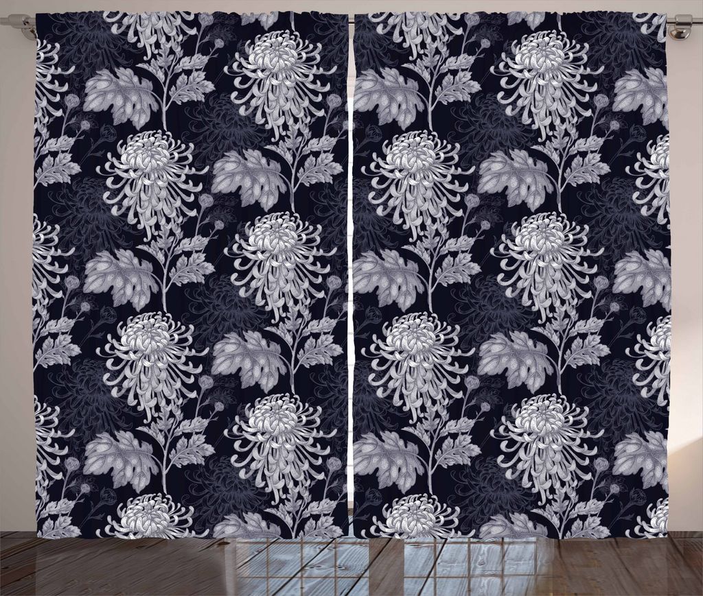 ABAKUHAUS Blumen Rustikaler Gardine, Chrysanthemum Blooming, Schlafzimmer Kräuselband Vorhang mit Schlaufen und Haken, 280 x 175 cm, Indigo Pale Grau