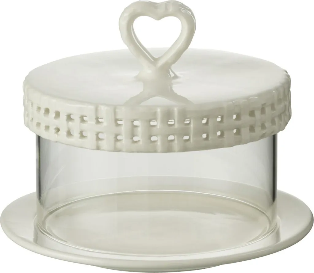 Plat à Tarte J-Line en Céramique Blanc avec Cloche en Verre Taille S