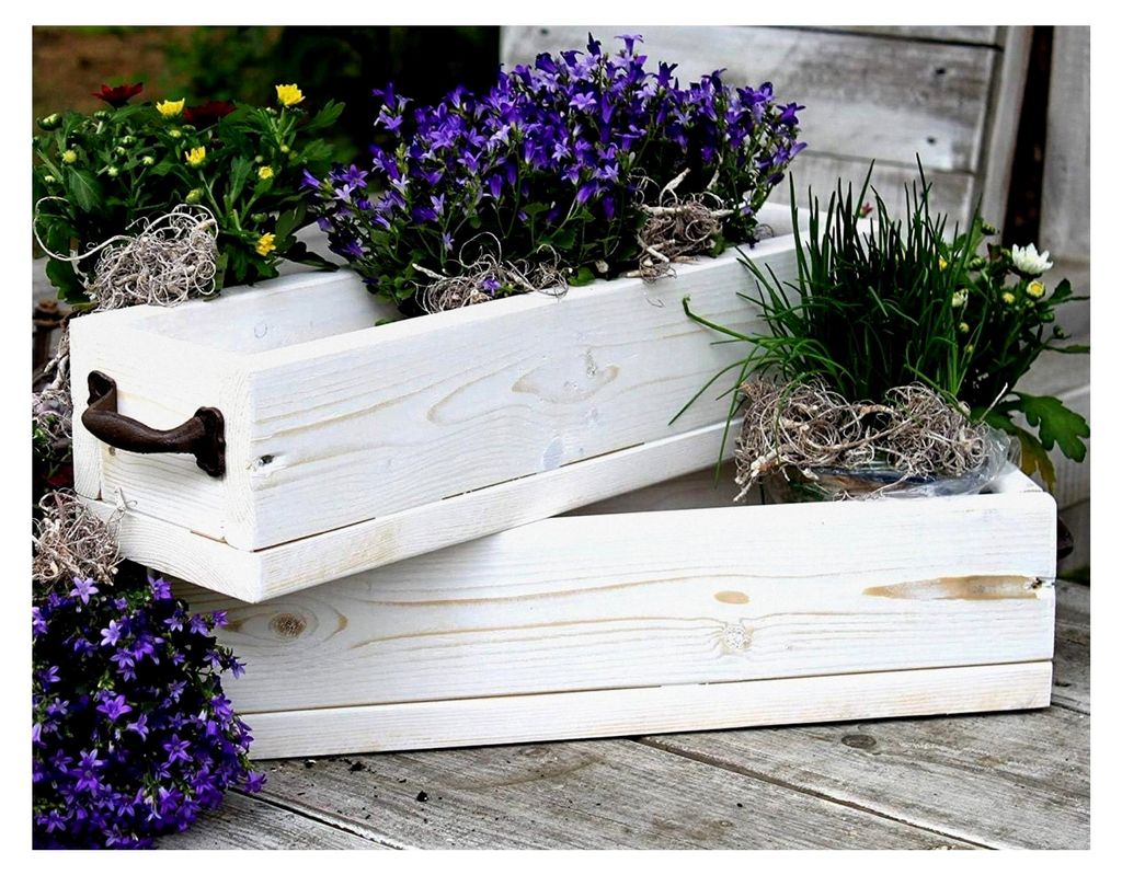 Blumenkästen aus massivem Holz - Farbe: Weiß - Größe (HxBxT): 12 cm x 50 cm x 15 cm - Vintage Blumen- und Pflanzenkasten für den Innenbereich