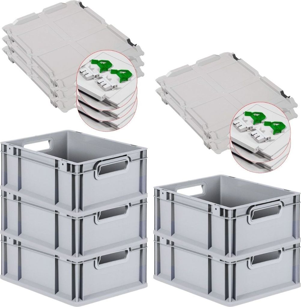 SuperSparSet 5x Eurobox NextGen Grip mit Scharnierdeckel und grünen Schiebeschnappverschlüssen | HxBxT 17x30x40cm | 16 Liter | Griffe offen | Gla...
