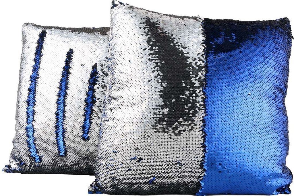 4x Pailletten Kissenbezug Bi-Coliur Glitzerkissen Dekokissen Modekissen 40x40cm : Silber & Blau