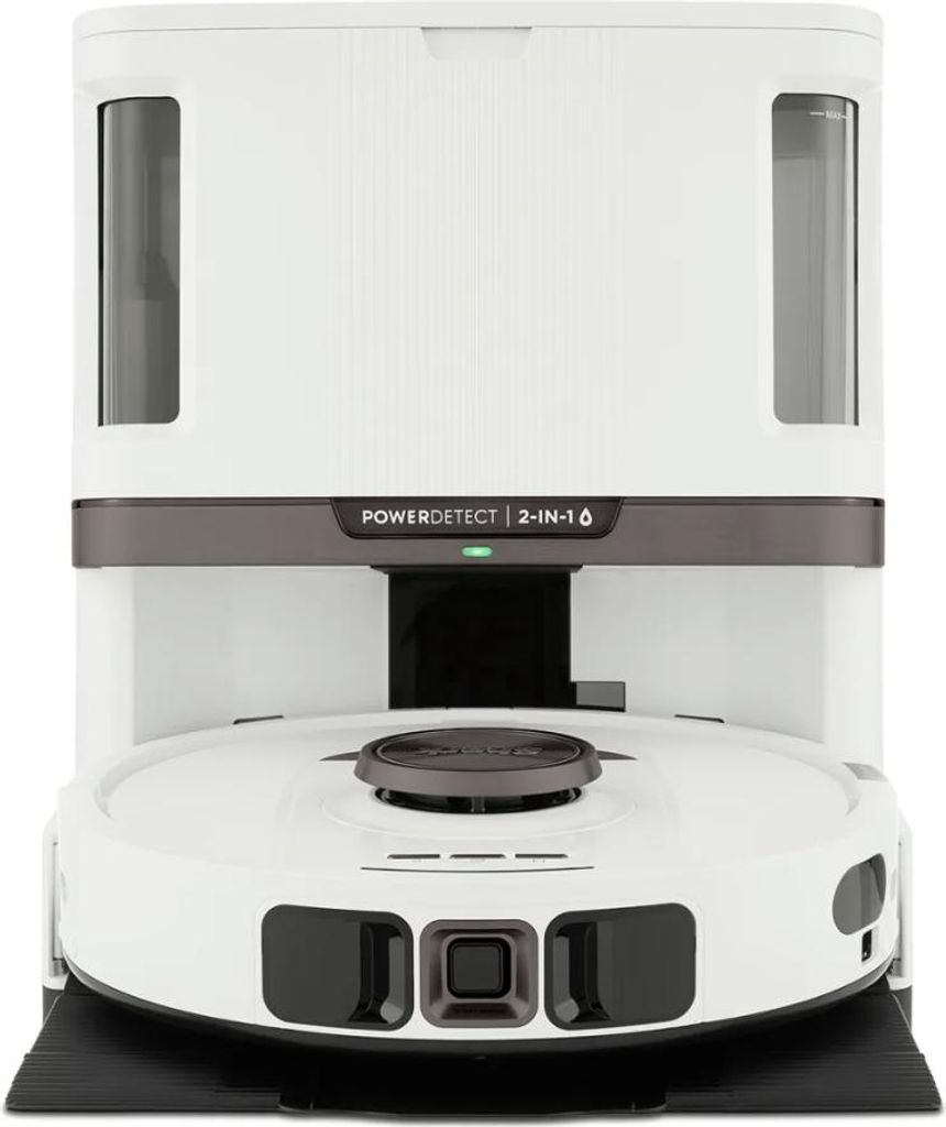 A white robot vacuum cleaner with a charging station is shown against a white background.