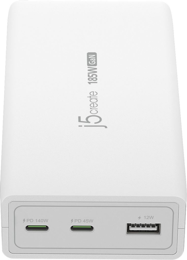 j5create JUP37185W-EN 185-Watt-GaN-PD-3.1-USB-C-Ladegerät mit 3 Anschlüssen - EU-Version