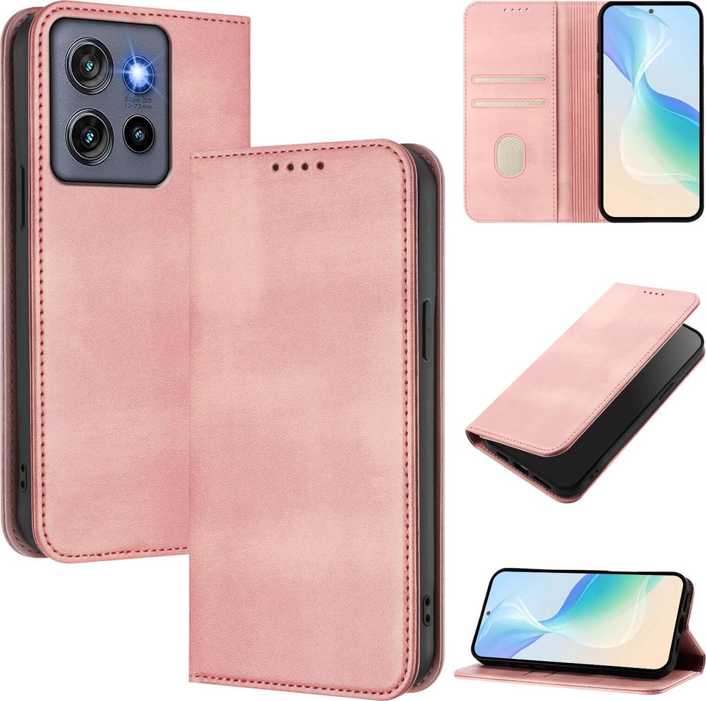 Handyhülle für Motorola Moto G Stylus 5G 2025, Vintage Leder RFID Schutz Kartenfach Standfunktion Magnetische Klapphülle Pink