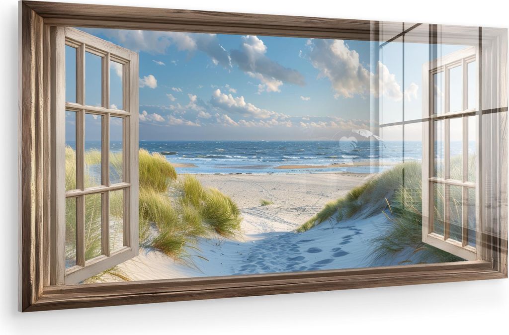 MuchoWow Glasbilder - Bilder auf Wandbild - Foto auf Glas Aussicht - Strand - Fenster - Dünen - Meer 80x40 cm Wanddekoration aus Glas - Acrylglasb...
