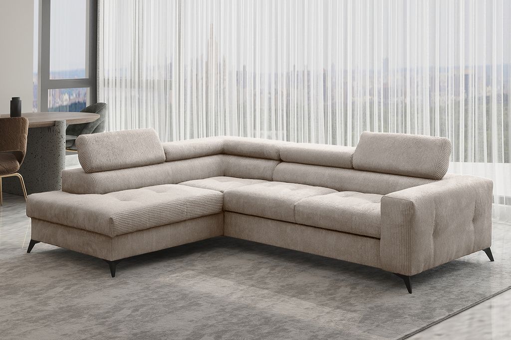 Kaiser Möbel Ecksofa mit schlaffunktion und bettkasten, Sofa L-form, Couch L-form Arcadi Dicker Cord Beige Links