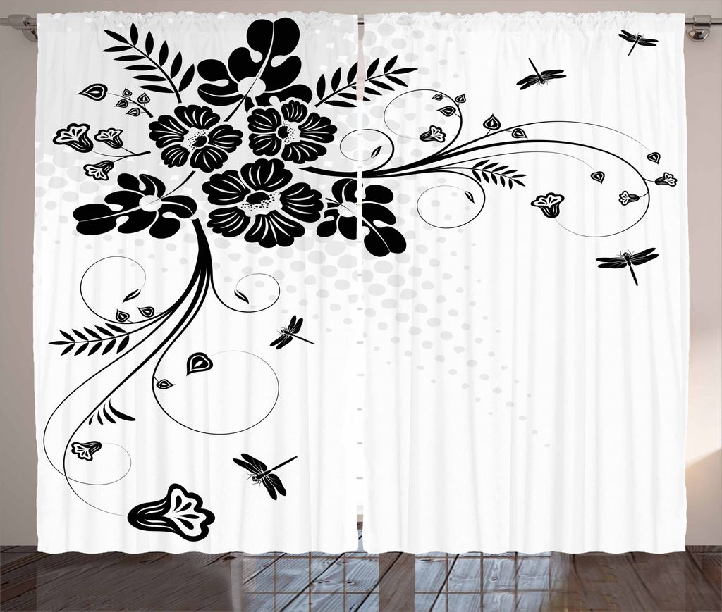 ABAKUHAUS Libelle Rustikaler Gardine, Fern Pflanzen Floral, Schlafzimmer Kräuselband Vorhang mit Schlaufen und Haken, 280 x 175 cm, Weiß Schwarz