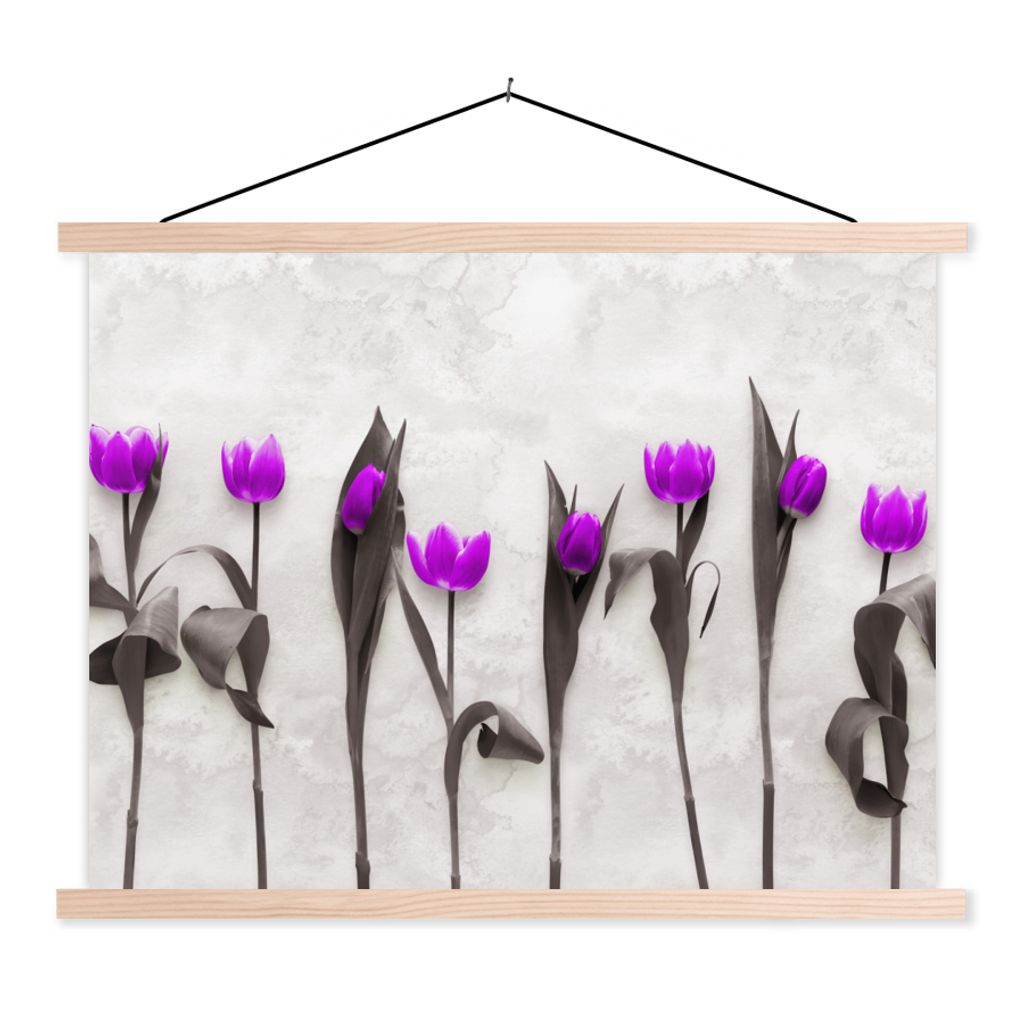 MuchoWow Textilposter Blumen - Tulpen - Lila 120x90 cm mit holzfarbenen Rahmen - Magnetisch