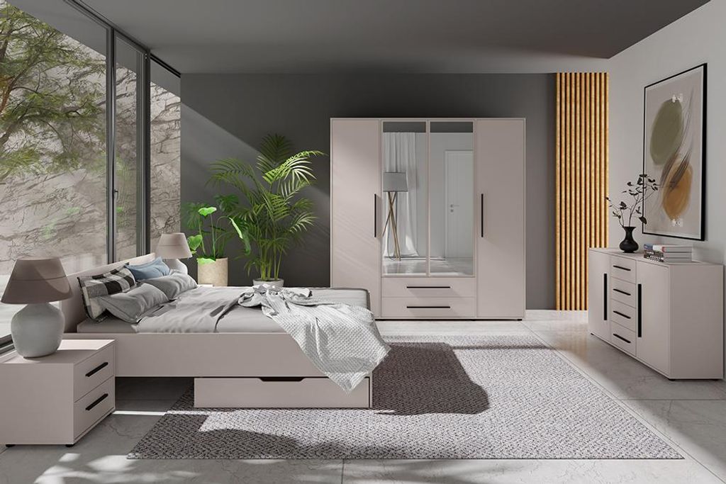 Schlafzimmer-Set mit 160x200 cm Bett & Kleiderschrank, kaschmir mit schwarzen Griffen, modern, 7-teilig - MOLLERUSA-132