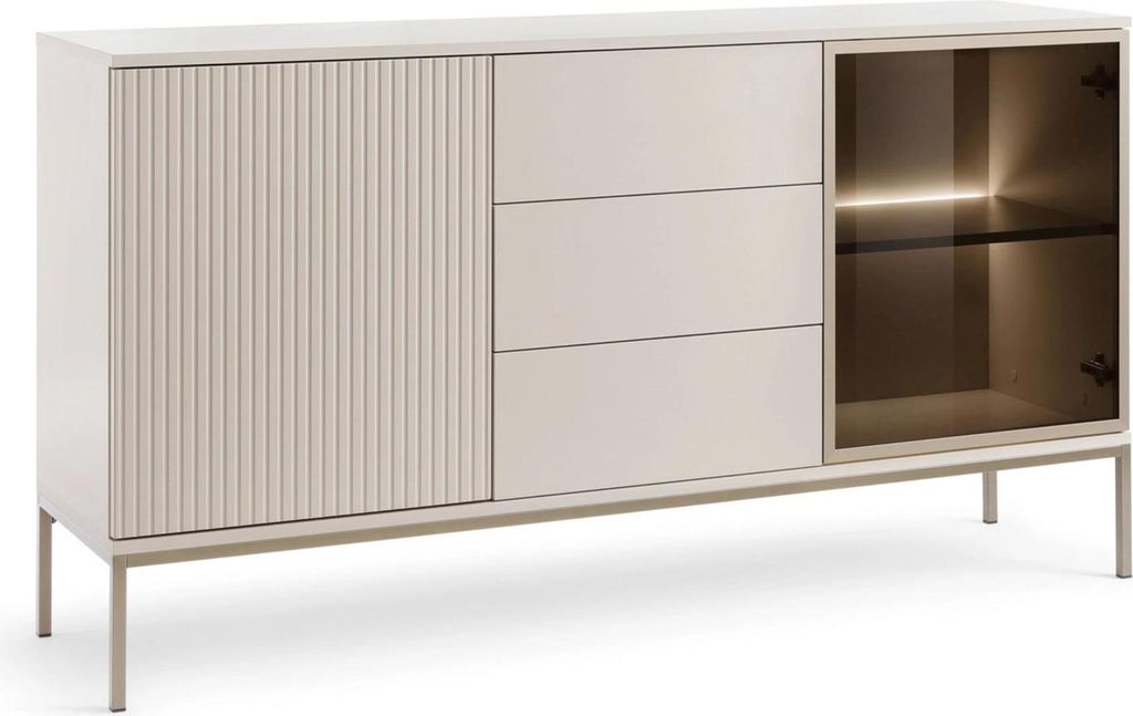 A modern sideboard with a fluted door, three drawers, and a glass-fronted cabinet with internal lighting, all supported by thin metal legs.