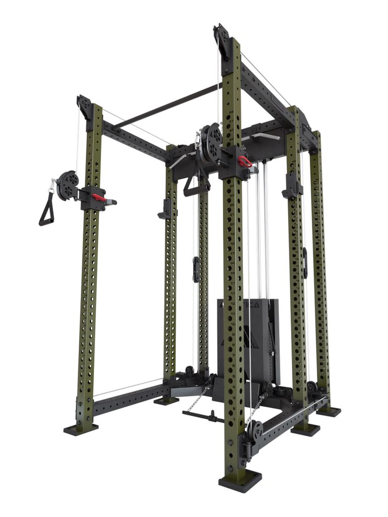 ATLETICA R8 Alpha | Power Rack | Squat Rack & Kabelzug | 180kg Steckgewichte für Cable Cross, Latzug, Rudern| Klimmzugstange, J-Hooks | Military G...