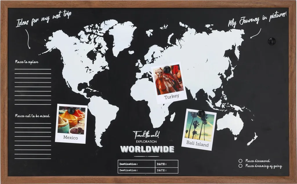 Carte du monde magnétique murale en métal noir et gris de 78 x 48 cm