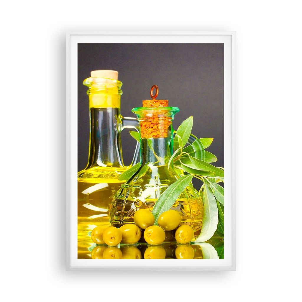 Gerahmtes Poster - Weißer Rahmen - Flasche Glas Olive Öl - 70x100 cm - Wand Bild - Wanddeko - Wandbilder - Kunstposter - Wandposter - Bilderrahme...