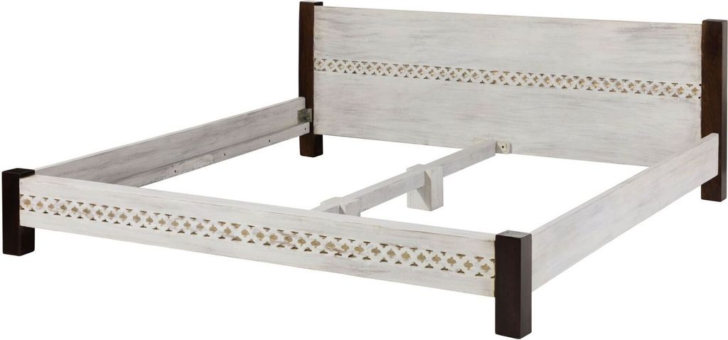 MASSIVMOEBEL24 Bett Mango / Akazie 160x200x75 weiß gewachst CASTLE-ANTIK #402