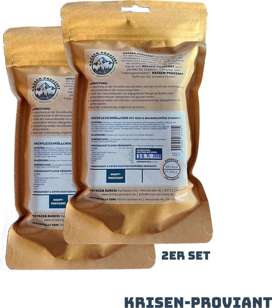 Krisen-Proviant - 2er-Set Hackfleischröllchen m. Reis & Produktbild 