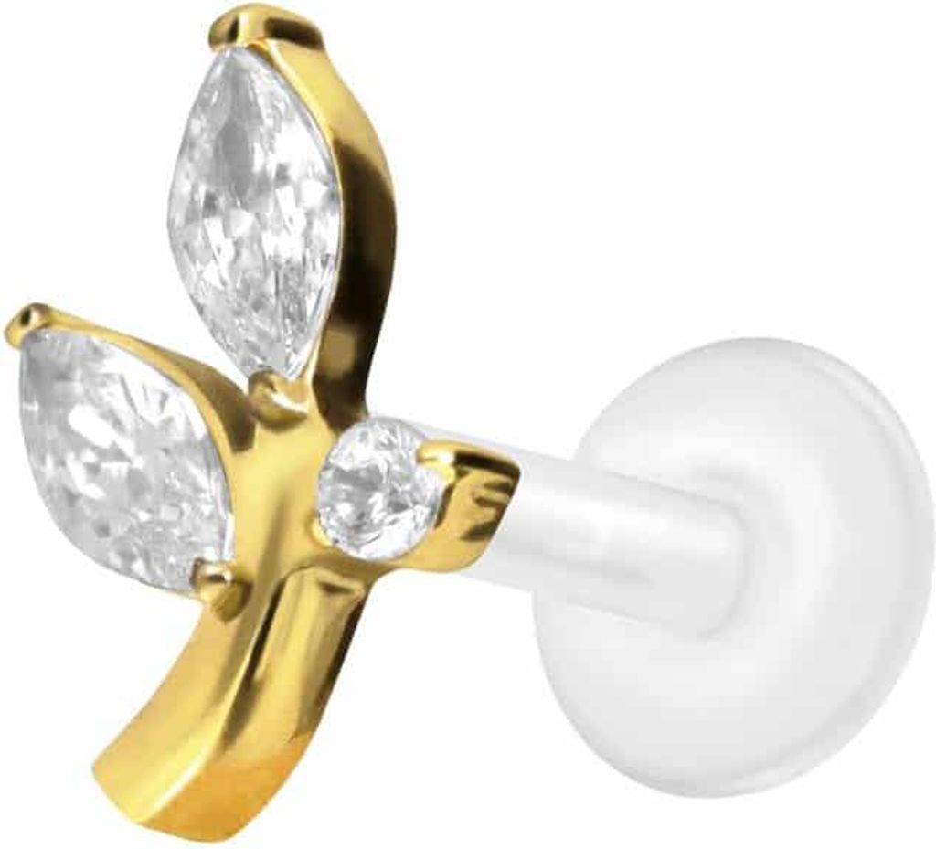 Ohrpiercing, Nasenpiercing PTFE Labret mit Innengewinde + Titan-Aufsatz KRISTALLZWEIG Gold Stablänge: 7mm | Stabstärke: 1,2mm