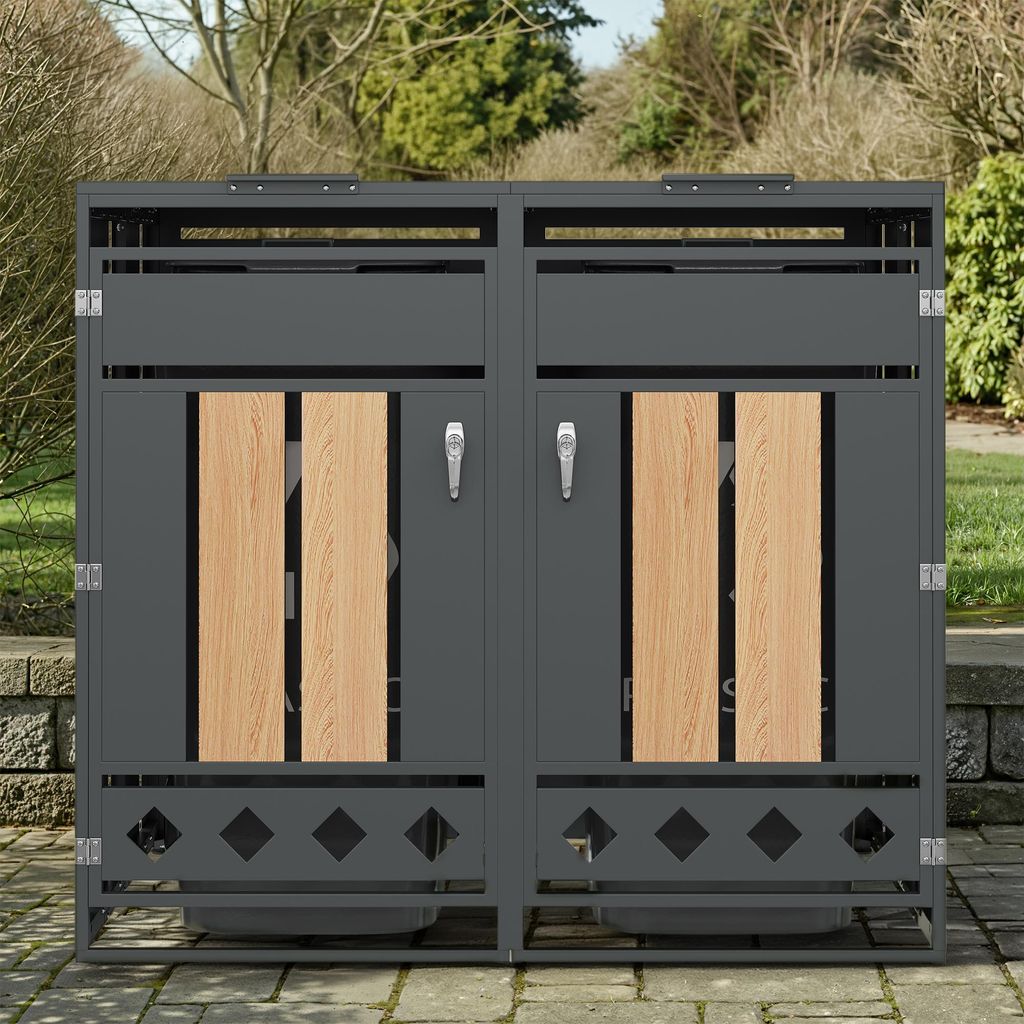 Flieks Mülltonnenbox 1er für 2 Tonnen 120–240L, Mülltonnenschrank Müllbox Abschließbar mit Türen, 132x80x118.5cm, Grau