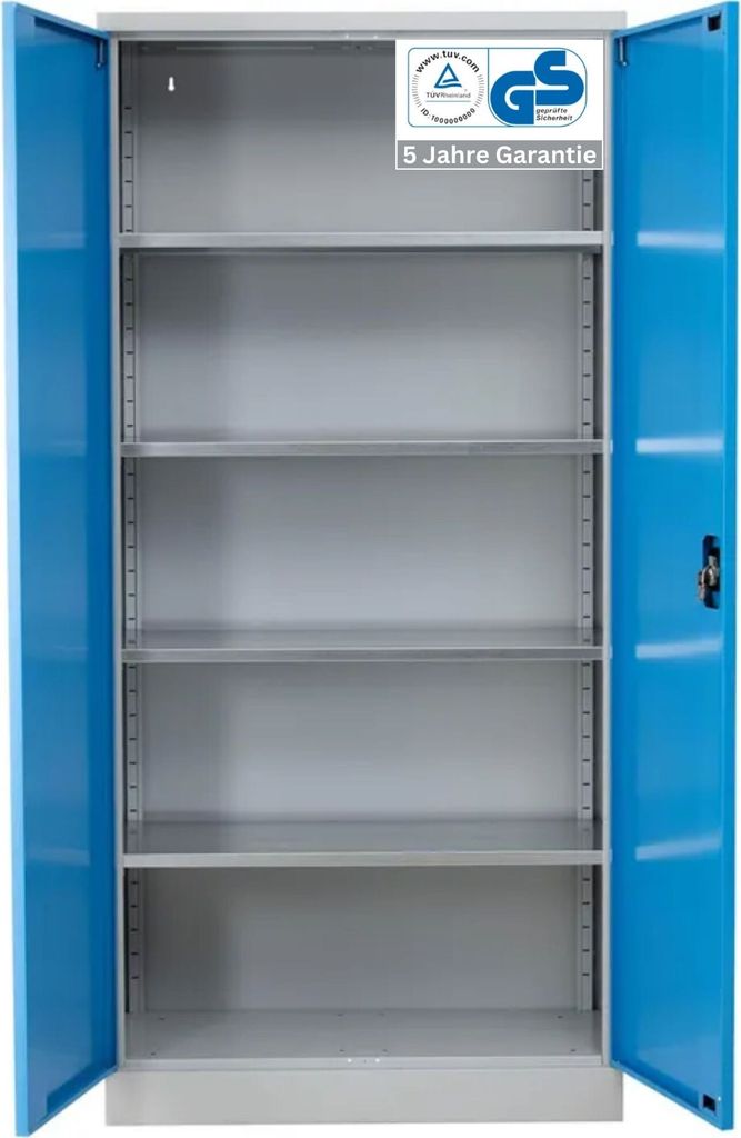 Stahlschrank BEE mit 9 verzinkten Fachböden | HxBxT 195x120x60cm | Korpusfarbe Lichtgrau, Frontfarbe Lichtblau | Werkstattschrank Werkzeugschrank ...