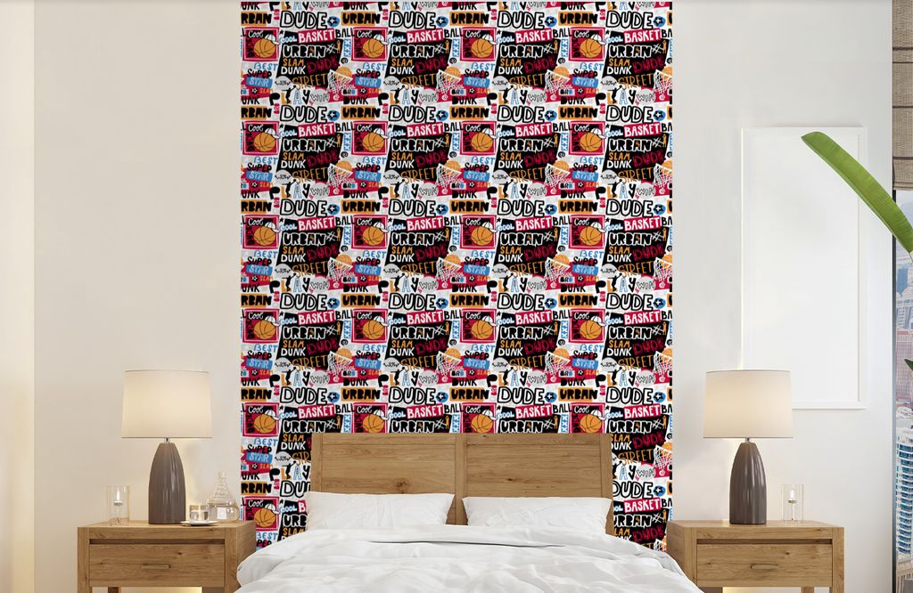 MuchoWow Fototapete für Wohnzimmer oder Schlafzimmer Wandtapete Vinyl Motivtapete Basketball - Zitate - Muster - Alphabet - 190x300 cm - Kinderz...