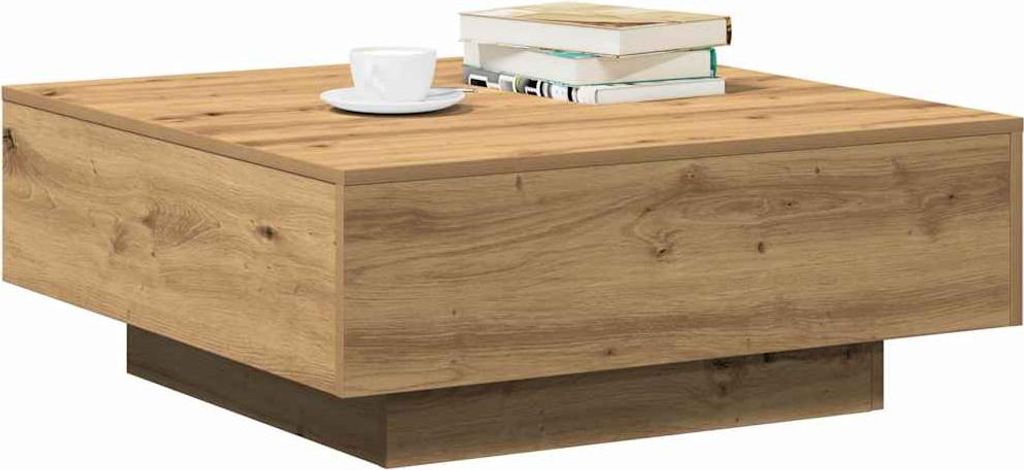 A square coffee table with a wood-grain finish and a darker base, shown from a slightly elevated angle.
