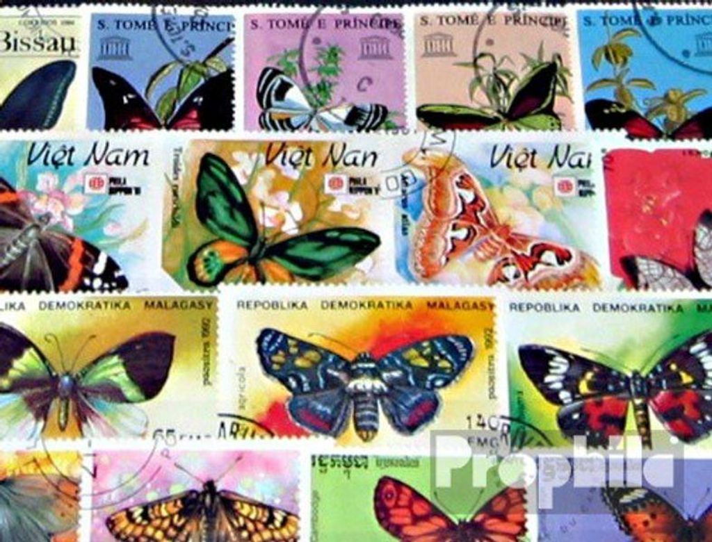 Briefmarken Motive 100 verschiedene Schmetterlinge Marken Produktbild 