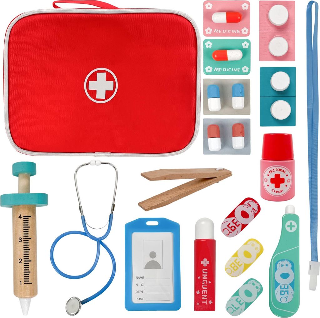 Kleiner Arztkoffer aus Holz – 20-teiliges Arzt-Spielset mit Magneteffekten für Kinder ab 3 Jahren im Tragbaren Stoffkoffer